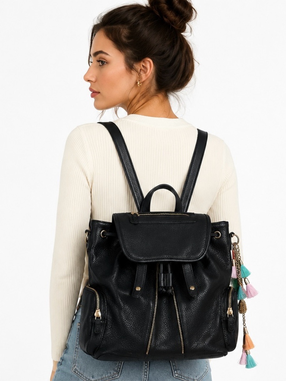 Nameless Black Faux Leather Tassel Backpack